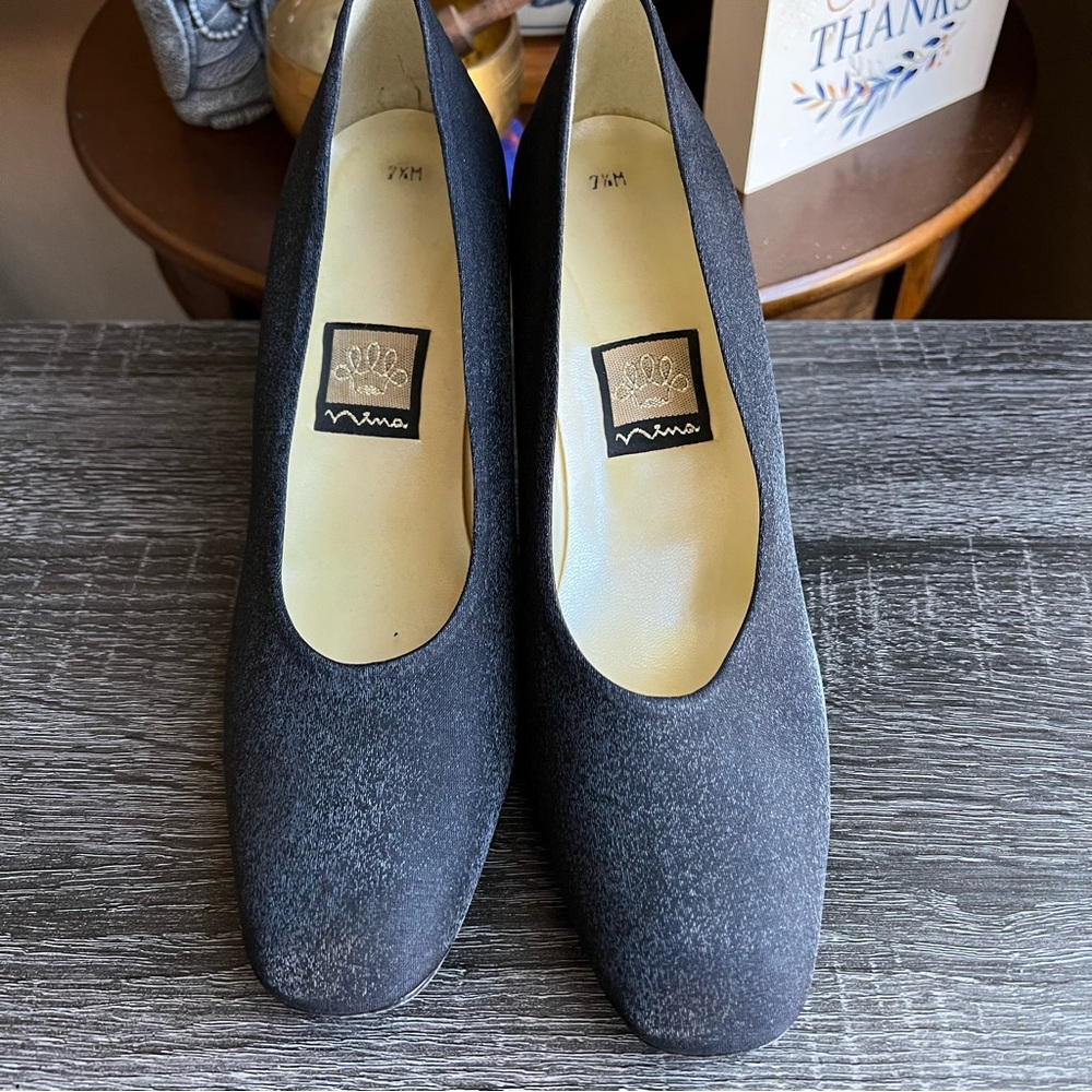 Nina Black Textured Fabric Pumps Block Heels US7.5 - Picture 2 of 9